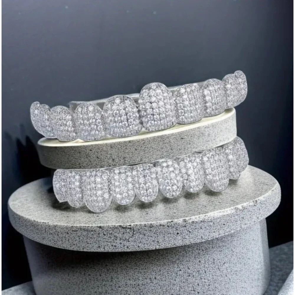 SOLID bling Silver Simulated Diamonds Custom GRILLZ Teeth Top Bottom Set HipHop